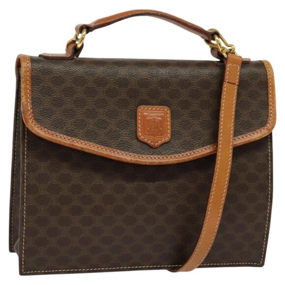 CELINE Macadam Canvas Hand Bag PVC Leather 2way Brown Gold Auth - Picture 1 of 16